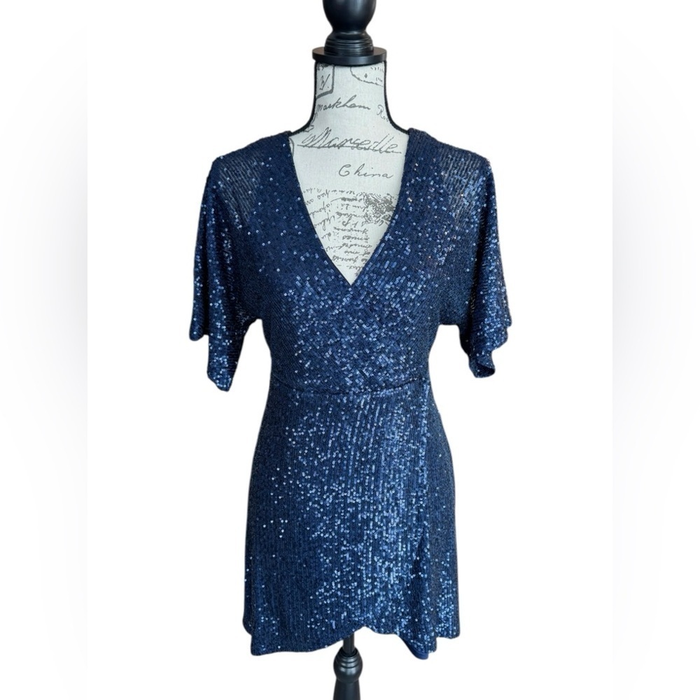 Lulus Navy Sequin Weekender Mini Dress Faux Wrap Women’s Size Small - Picture 5 of 14